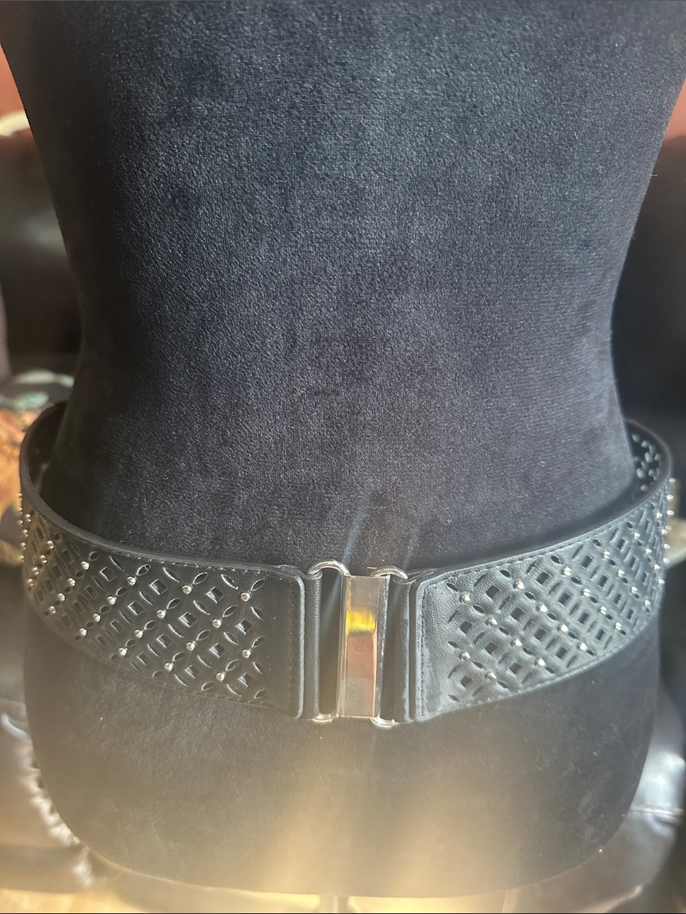 Black Laser-Cut Stretch Waist Belt with Silver-Tone Clasp
